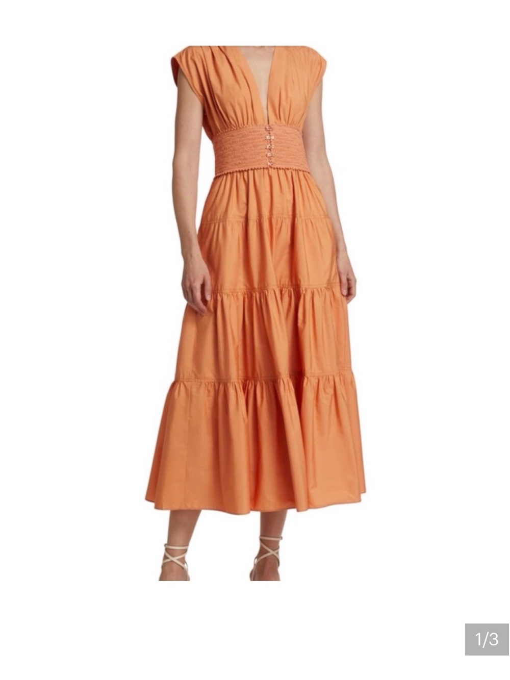 Derek Lam Coral-Orange Tiered Midi Dress with Smocked Waist